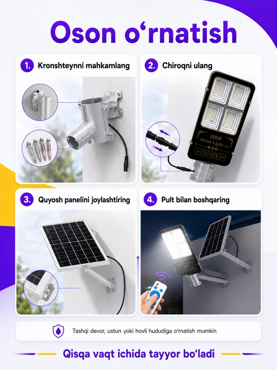 Quyosh panelli ko‘cha LED chirog‘i 200W, pultli, IP67 himoya