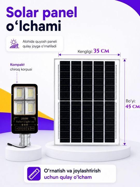 Quyosh panelli ko‘cha LED chirog‘i 200W, pultli, IP67 himoya