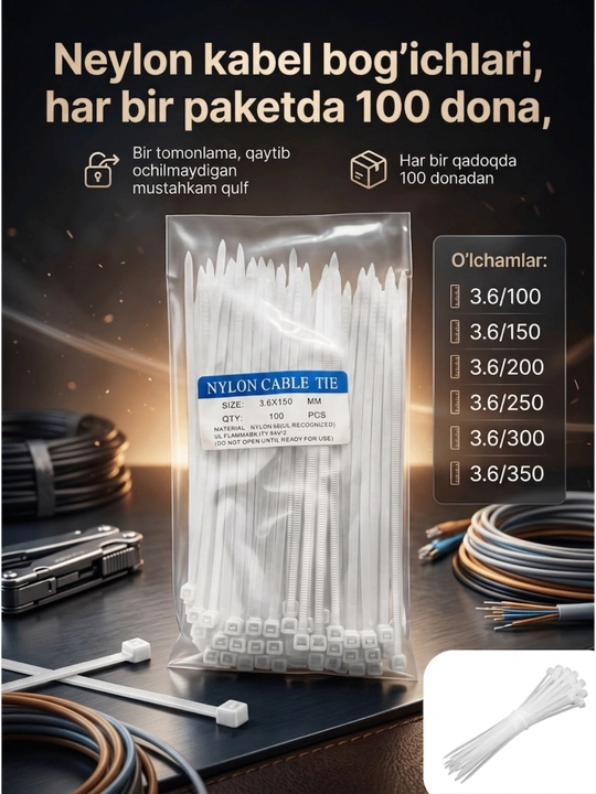 Neylon kabel bog'ichlari har bir paketda 100 dona - 