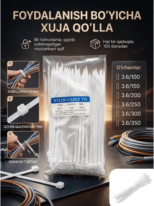 Neylon kabel bog'ichlari har bir paketda 100 dona