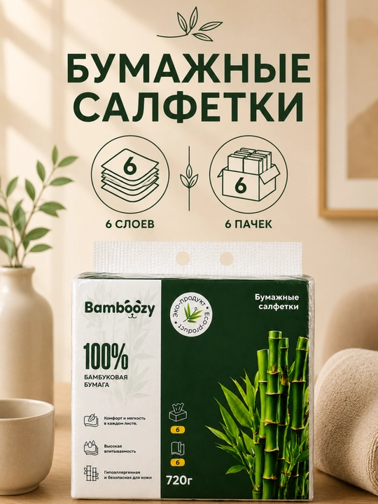 Бумажные салфетки многофункциональные из 100% бамбука, 6 слоев, 6 пачек, мягкие, 720 г - 