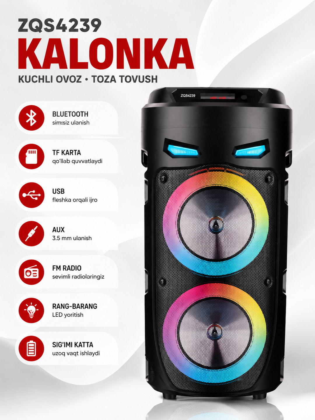 Karaoke kolonka ZQS4239, Bluetooth, mikrofon va pult bilan, kuchli batareya, RGB - 