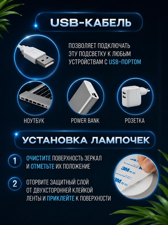LED лампочки для зеркала, подсветка для макияжа, 10 ламп, 3 режима света, USB