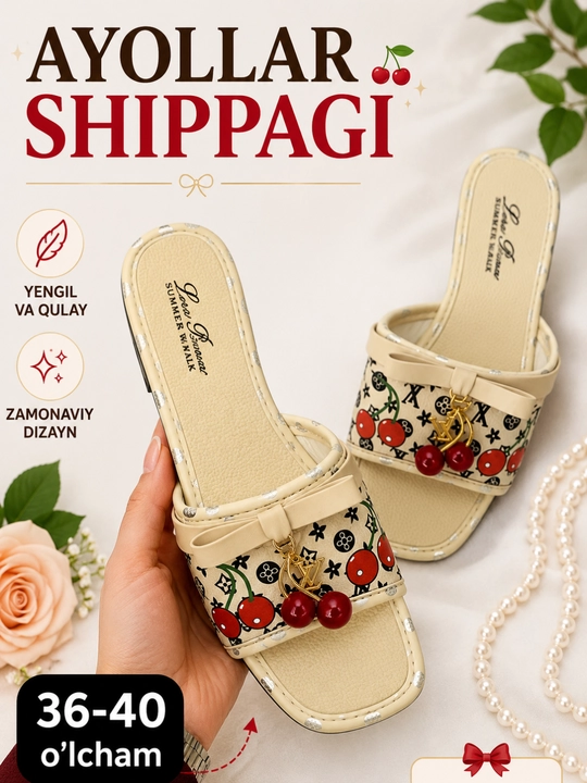 Ayollar shippagi - yozgi ochiq poyabzal, olcha shaklidagi bezakli, 36-40 o‘lchamli - 