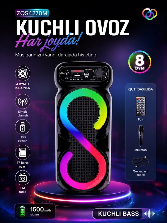 Simsiz katta karnay, karaoke musiqasi, mikrofon, pult va RGB yoritgich ZQS4270