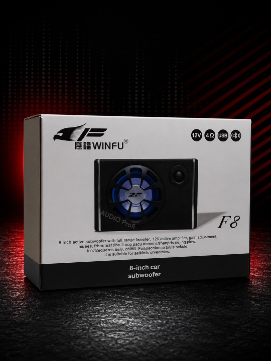 WINFU 8 dyuymli avtomobil sabvuferi, Bluetooth, USB, 1800W, aktiv sabvufer, 12V
