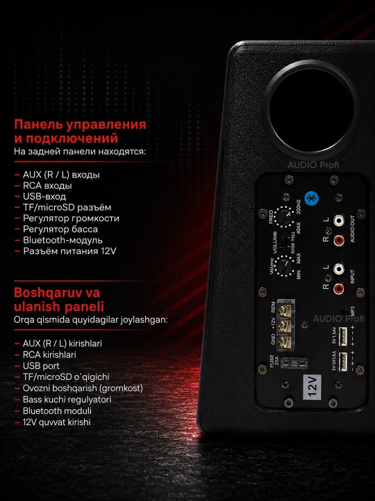 WINFU 8 dyuymli avtomobil sabvuferi, Bluetooth, USB, 1800W, aktiv sabvufer, 12V