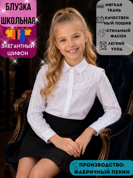 Блузка-рубашка школьная для девочки, из шифона, Пекин, 7-11 лет - 