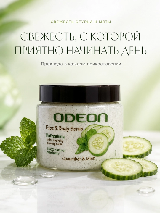 Скраб для лица и тела ODEON огурец мята , 300мл  - 