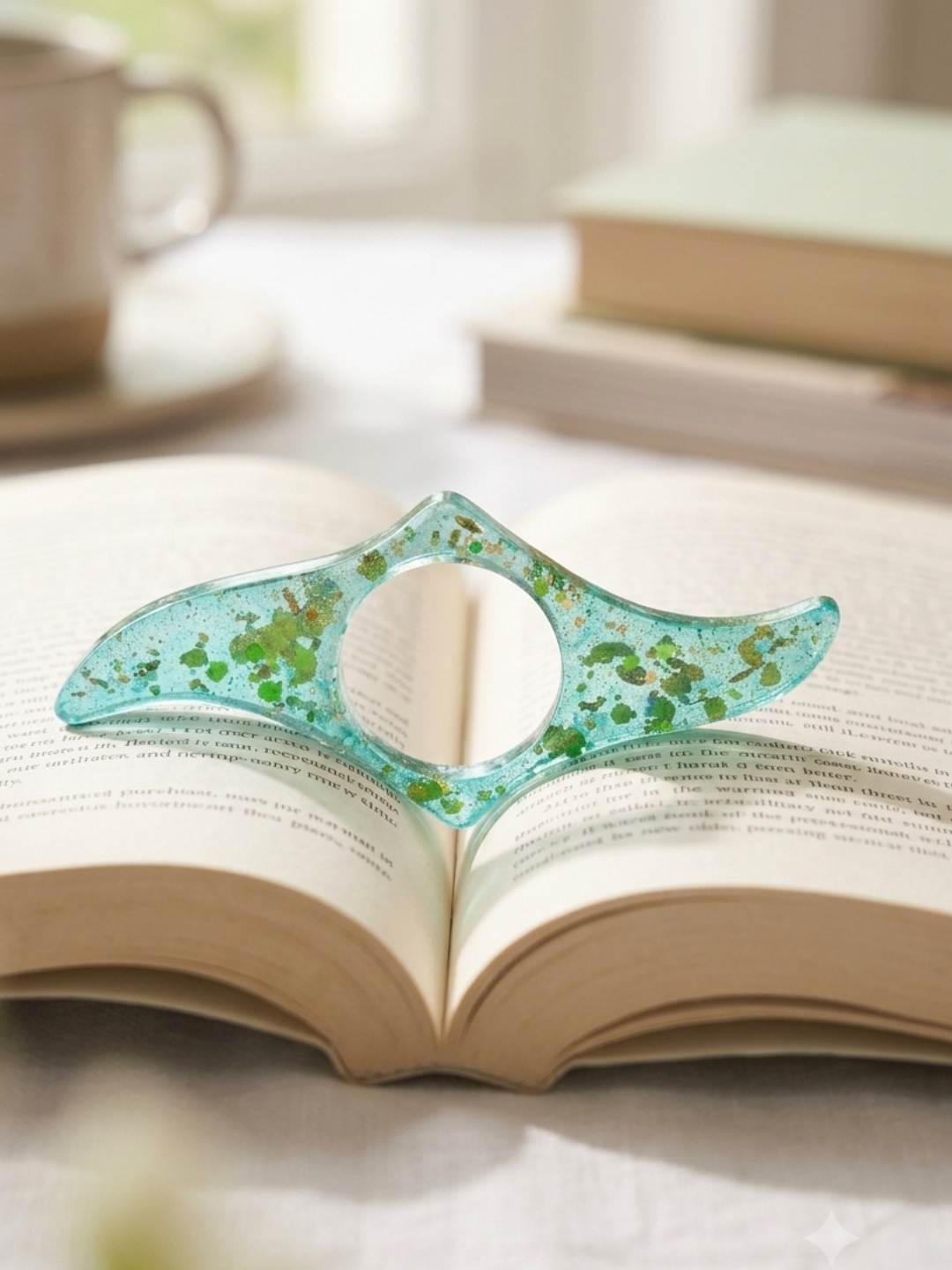 Bir qoʻlda oʻqish uchun kitob sahifalarini ushlab turuvchi tutqich, quruq gullar bilan - 