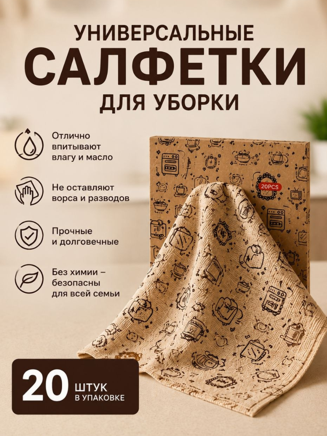 Кухонные салфетки в рулоне из ткани, многоразовые, - 