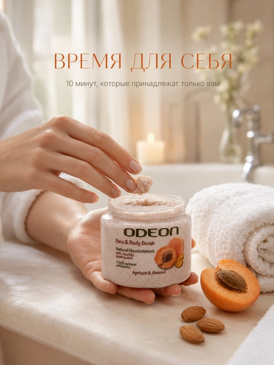 Скраб для лица и тела ODEON абрикос миндаль , 300мл 