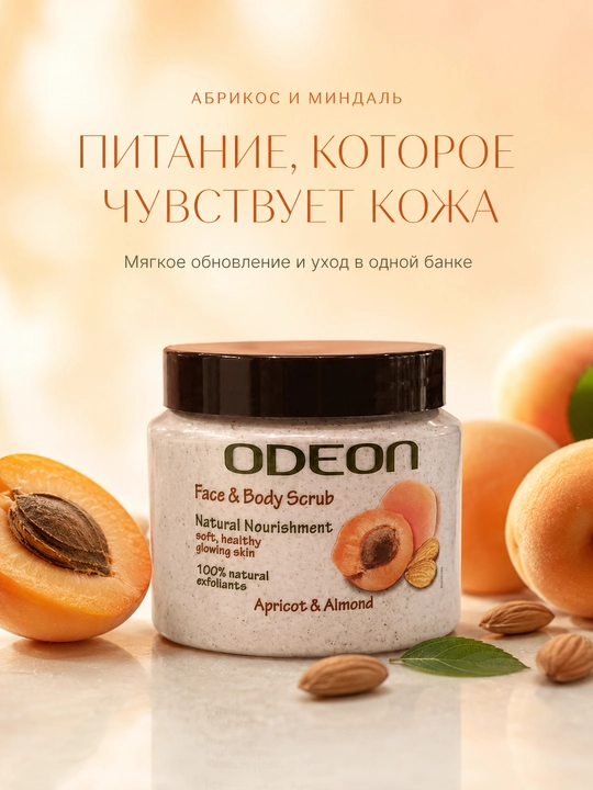 Скраб для лица и тела ODEON абрикос миндаль , 300мл 