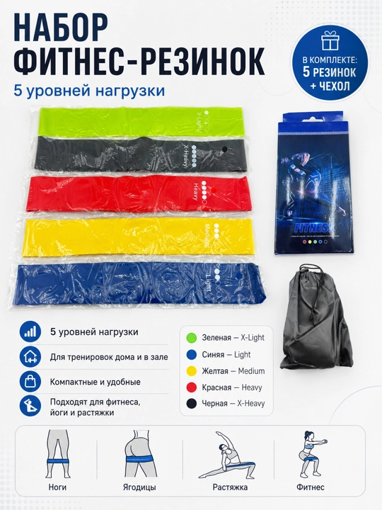 5 ta qarshilik darajasidagi fitnes rezinkalari paketi - 