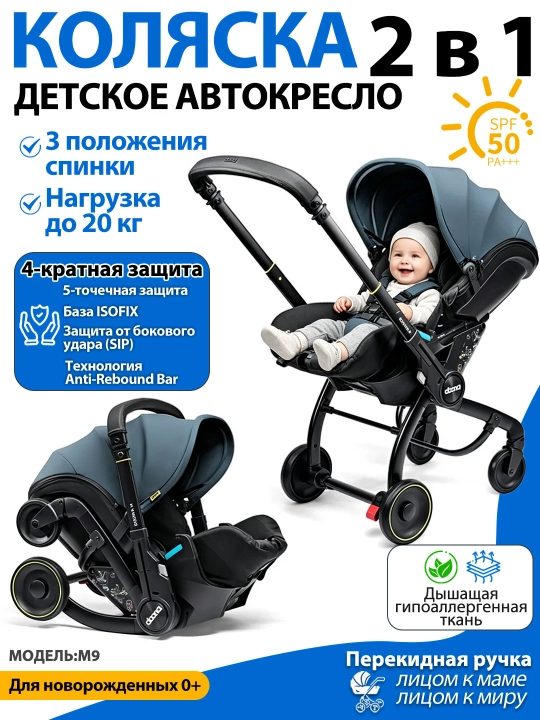 Автокресло-коляска 2 в 1, для новорожденных 0+, до 20 кг, складные колеса - 