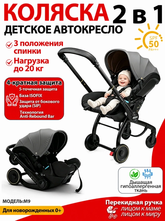 Автокресло-коляска 2 в 1, для новорожденных 0+, до 20 кг, складные колеса - 