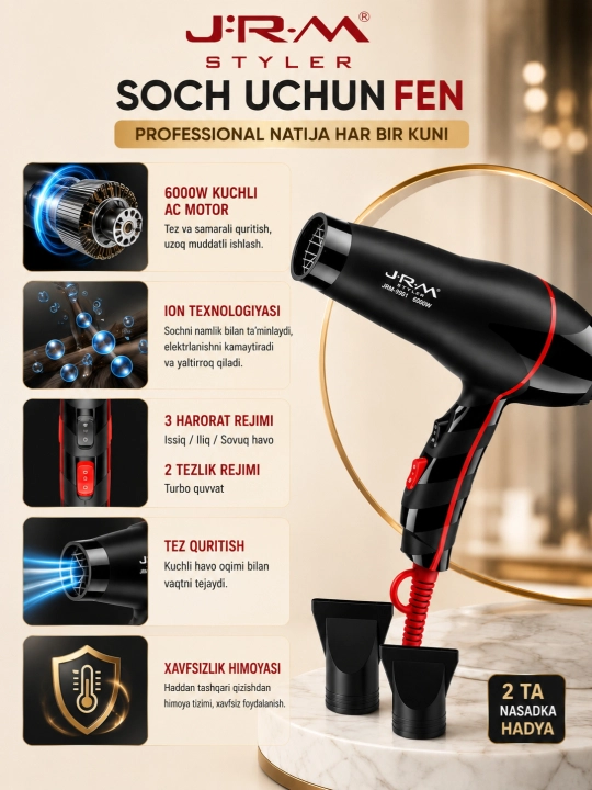 JRM Styler  professional fen, quvvati 6000watt, issiq va sovuq havo funksiyasiga ega
