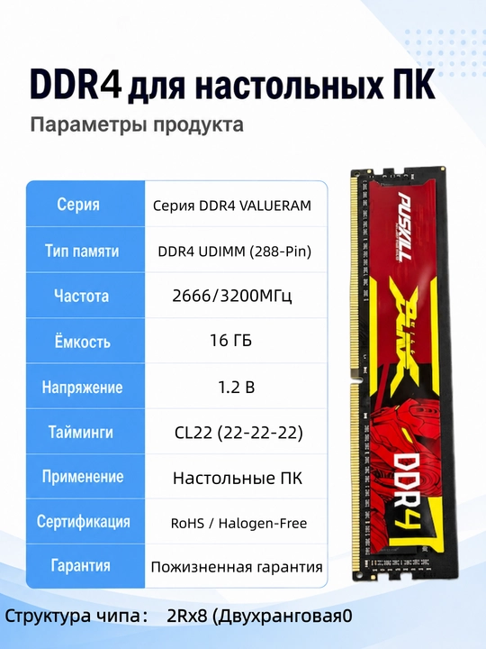 Оперативная память DDR4 16GB 2666MHz DIMM для настольного ПК, RAM