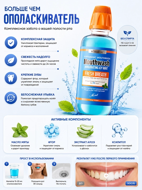 Ополаскиватель для полости рта KORMESIC Fresh Breath Mint, 520 мл, с мятой без спирта