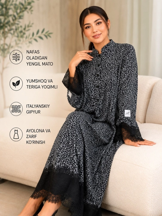 Gipyurli ayollar uzun ko‘ylagi, turk shtapel, erkin bichimli, 48-56 o‘lchamlar - 
