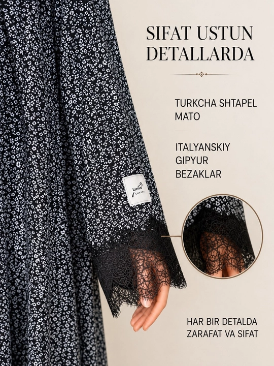Gipyurli ayollar uzun ko‘ylagi, turk shtapel, erkin bichimli, 48-56 o‘lchamlar