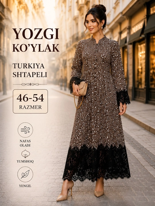 Gipyurli ayollar uzun ko‘ylagi, turk shtapel, erkin bichimli, 48-56 o‘lchamlar