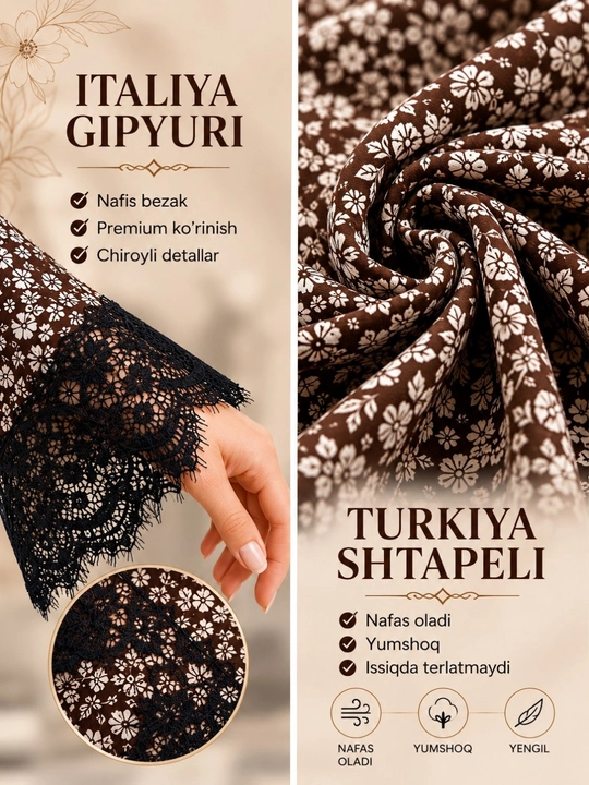 Gipyurli ayollar uzun ko‘ylagi, turk shtapel, erkin bichimli, 48-56 o‘lchamlar