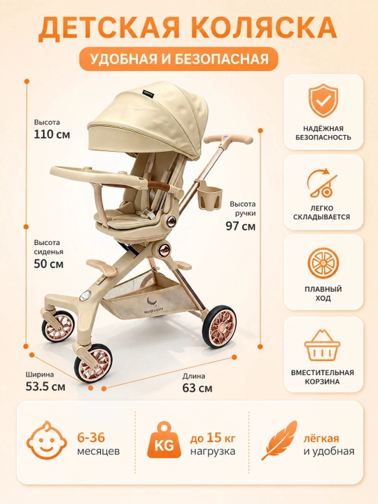 Дрон детская коляска, сиденье 360°, спинка 175°, складывается одной кнопкой, музыка