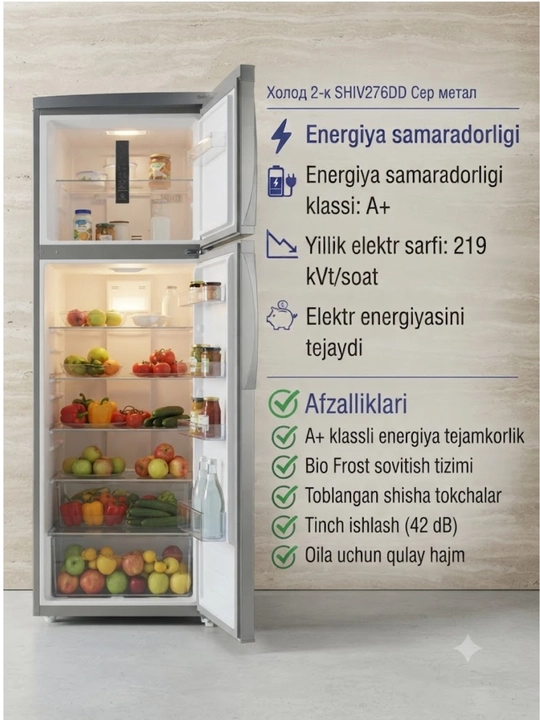 SHIV276DD kulrang metall rangdagi ikki kamerali muzlatgich.