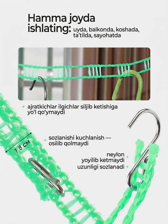 5 m uzunlikdagi kiyim quritish arqoni ilgaklar bilan, sirpanmaydigan o'ta mustahkam, 1 ta