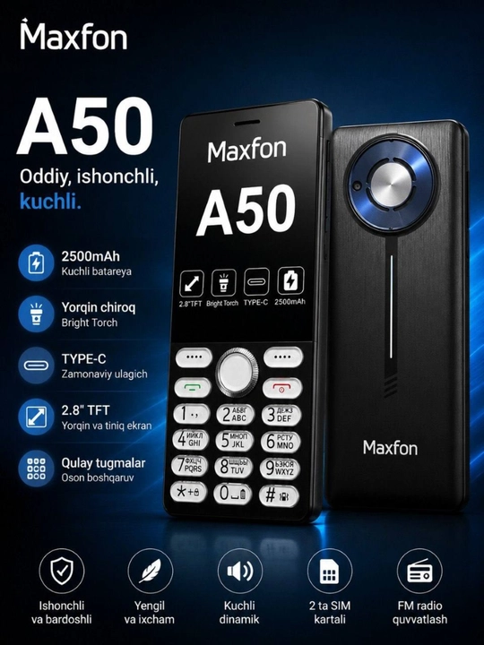 Maxfon A50 кнопочный телефон ,2,8'' экран, аккумулятором 2500 мА·ч и зарядкой USB Type-C - 