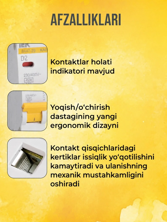 IEK VA47-29 KARAT 3P 6-63A avtomatik o‘chirgichi 4,5 kA, tavsifi C