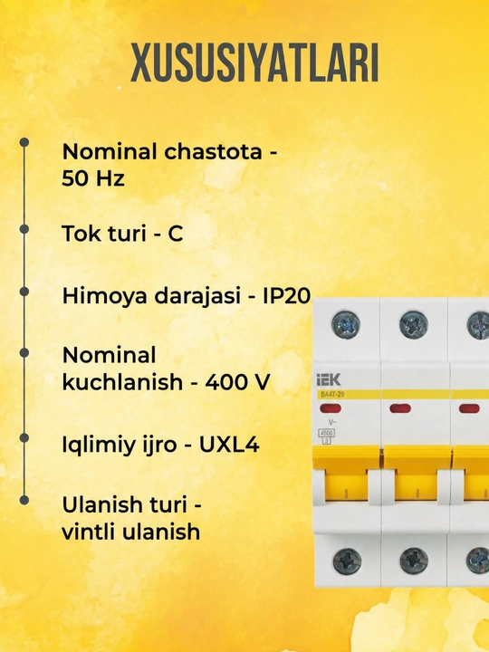 IEK VA47-29 KARAT 3P 6-63A avtomatik o‘chirgichi 4,5 kA, tavsifi C