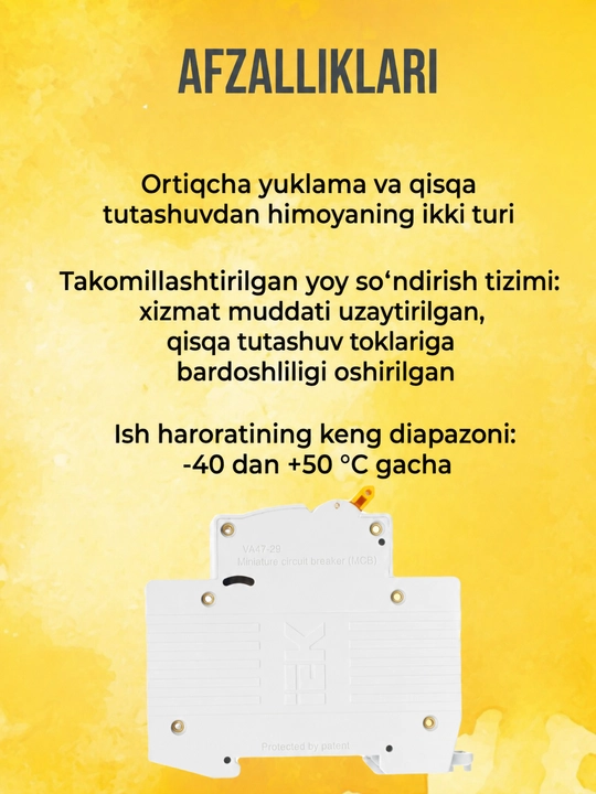 IEK VA47-29 KARAT 3P 6-63A avtomatik o‘chirgichi 4,5 kA, tavsifi C