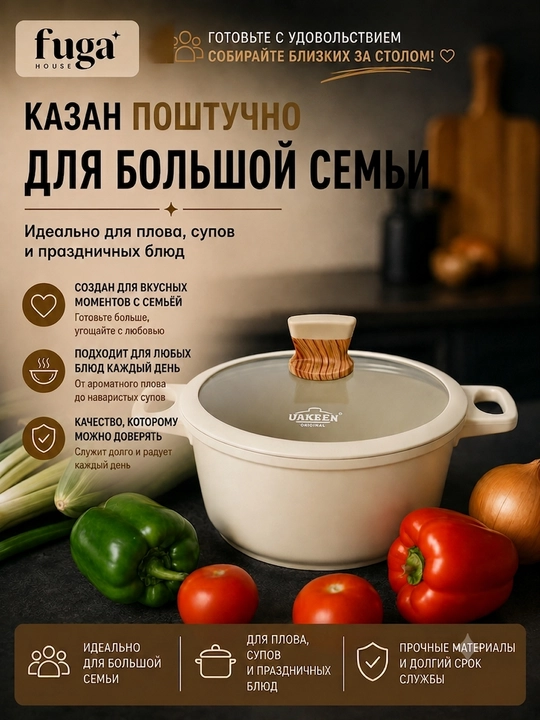 UAKEEN premium granit qozonlar, yopishmaydigan qoplamali va yog‘och tutqichli