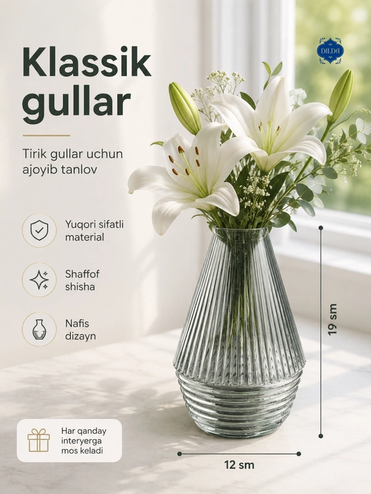 Shisha vaza gullar uchun, shaffof, dekorativ, turli dizaynli, uy va ofis uchun, PISHGAMAN