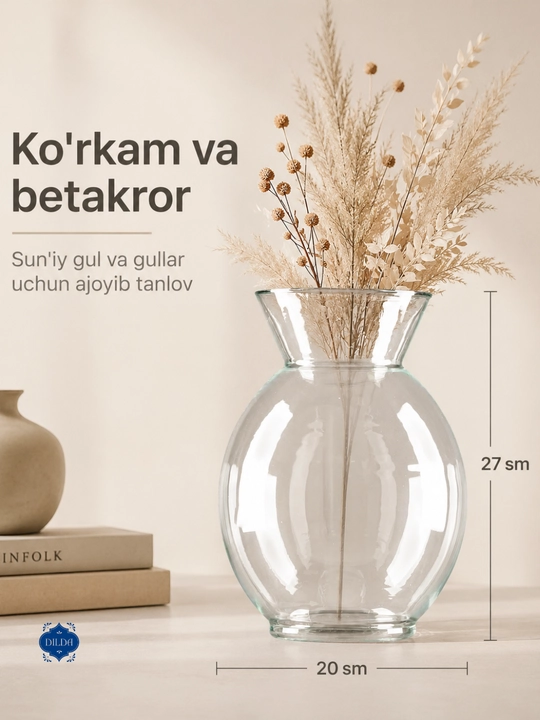 Shisha vaza gullar uchun, shaffof, dekorativ, turli dizaynli, uy va ofis uchun, PISHGAMAN