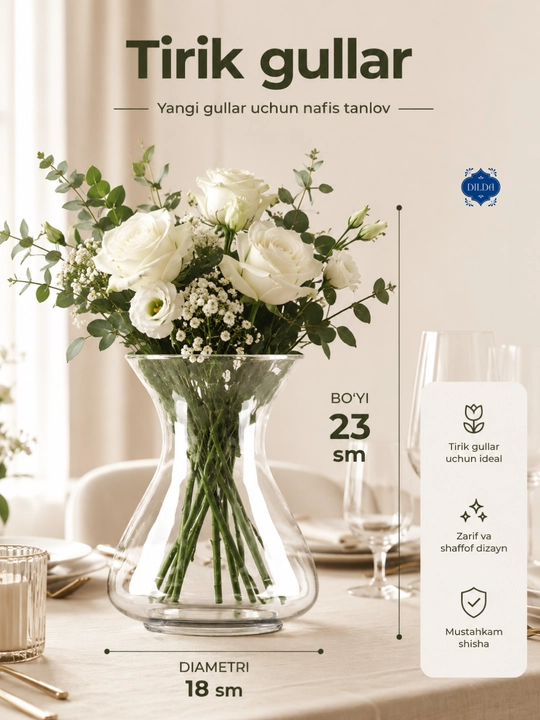 Shisha vaza gullar uchun, shaffof, dekorativ, turli dizaynli, uy va ofis uchun, PISHGAMAN - 