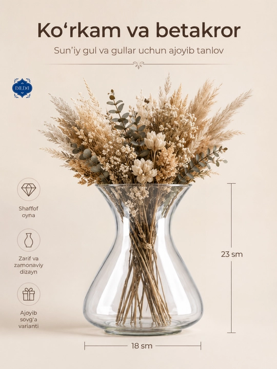 Shisha vaza gullar uchun, shaffof, dekorativ, turli dizaynli, uy va ofis uchun, PISHGAMAN