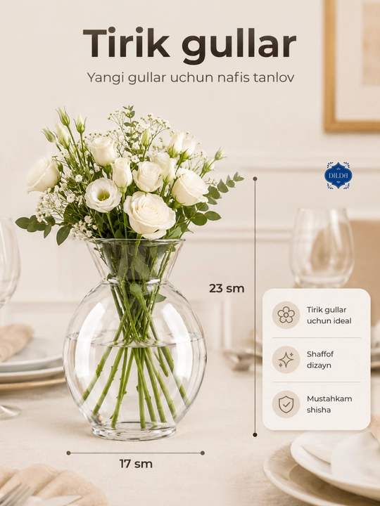 Shisha vaza gullar uchun, shaffof, dekorativ, turli dizaynli, uy va ofis uchun, PISHGAMAN