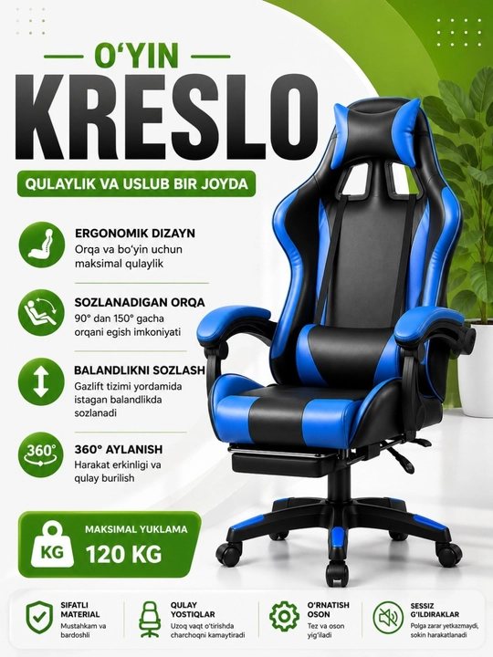 O‘yin kreslosi, kompyuter kreslosi, geymer kreslo, ofis kreslosi, oyoq taglikli, 120 kg
