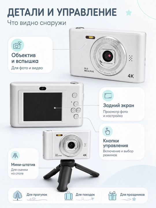 Bolalar uchun raqamli kamera 4K, foto va video, rangli ekran, USB quvvatlash, sovg‘a uchun