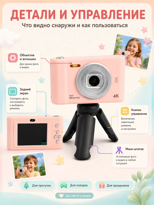 Bolalar uchun raqamli kamera 4K, foto va video, rangli ekran, USB quvvatlash, sovg‘a uchun