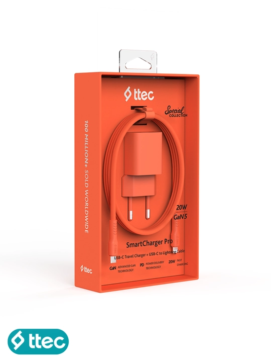 TTEC SmartCharger GaN 20W PD Travel Fast Charger + USB-C to Lightning Cable 120 cm, iPhone