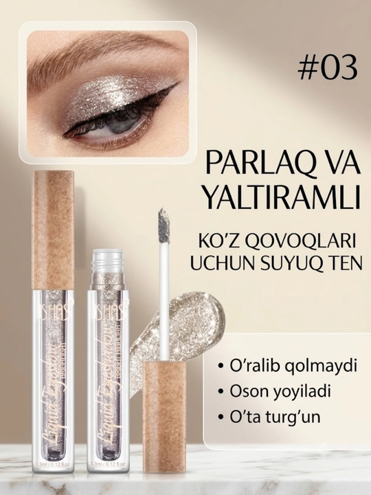 Ushas va Irfoa, qovoqlar uchun yaltiroq va metall suyuq soyalar, 3,3 ml