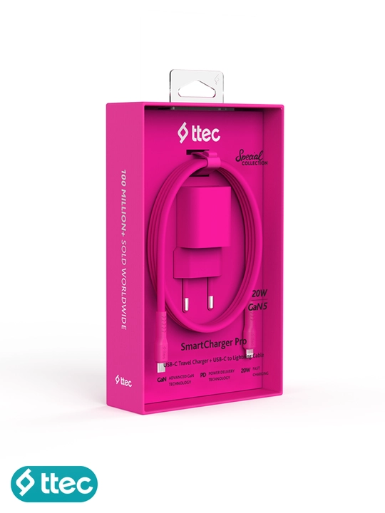 TTEC SmartCharger GaN 20W PD Travel Fast Charger + USB-C to Lightning Cable 120 cm, iPhone