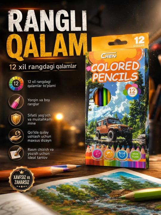 Rangli qalamlar, 12 xil rangda, rasm chizish uchun