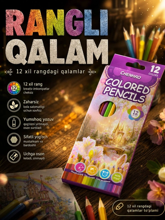 Rangli qalamlar, 12 xil rangda, rasm chizish uchun