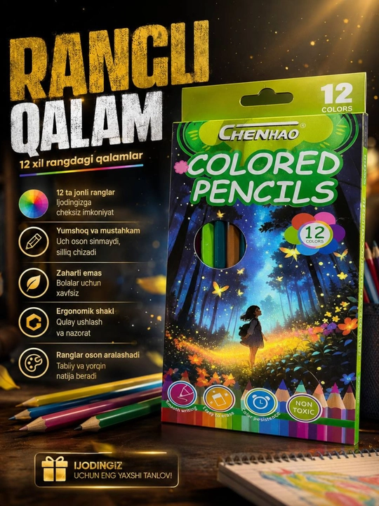 Rangli qalamlar, 12 xil rangda, rasm chizish uchun