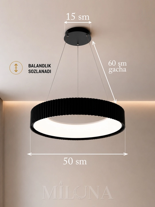 Lyustra LED, balandligi sozlanadigan, 3 ta yoritish rejimli, yotoqxona, zal uchun qandil
